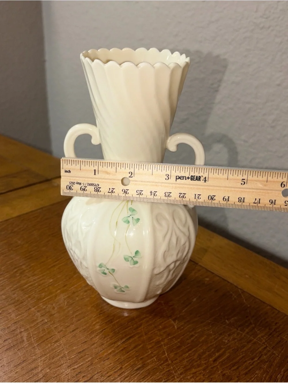 Vintage BELLEEK Shamrock Clover Scalloped Edge 2 Handles Vase 8”